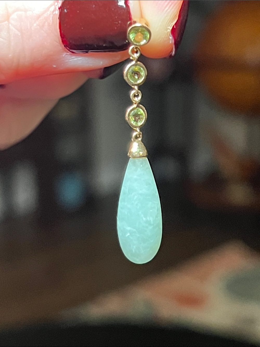 Vintage 14k Solid Yellow Gold Peridot Jade Drop Dangle Necklace Pendant